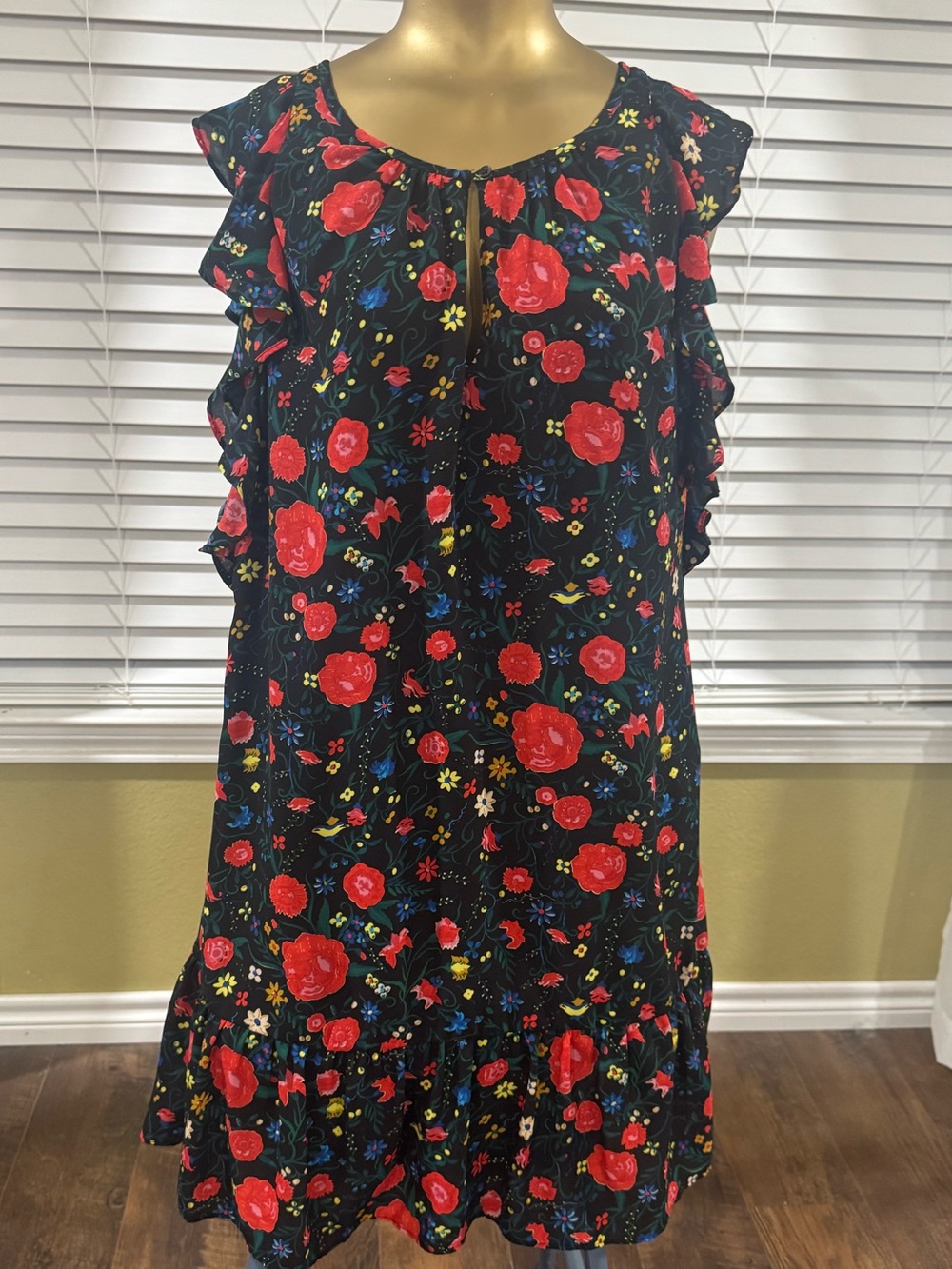 J. Crew Black Mini Dress with Red Floral Print